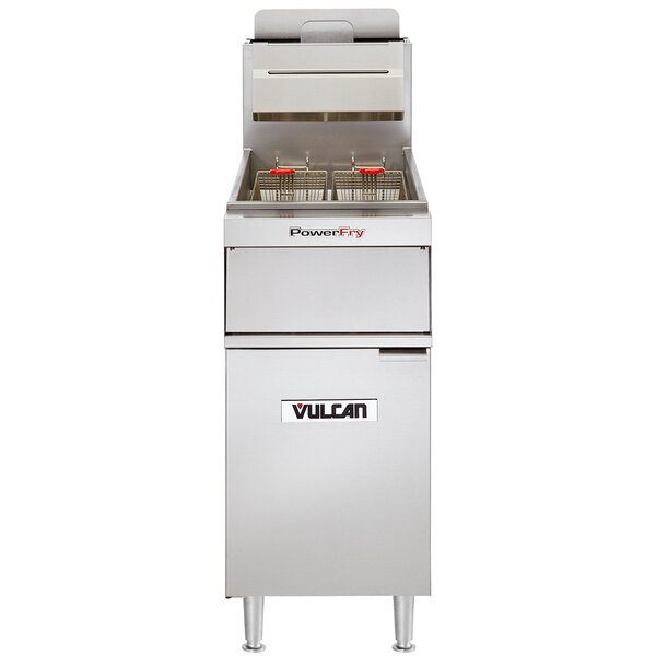 A Vulcan liquid propane floor fryer with solid state analog controls.