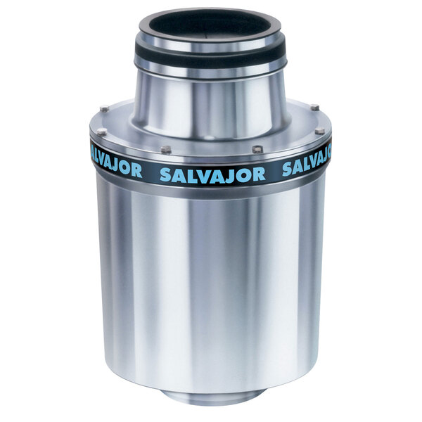 A silver metal Salvajor commercial garbage disposer canister.