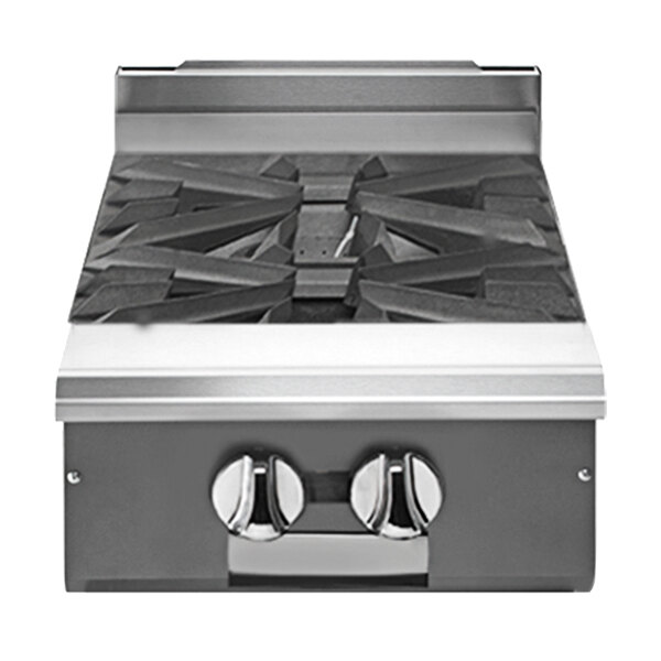 A Vulcan V Series natural gas range with two burners on a metal table.