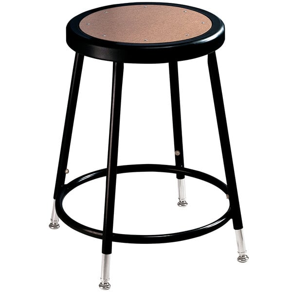 A black National Public Seating lab stool with a round seat.