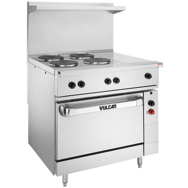 A large stainless steel Vulcan commercial electric range with 4 French plates, 1 hot top, and 1 standard oven.
