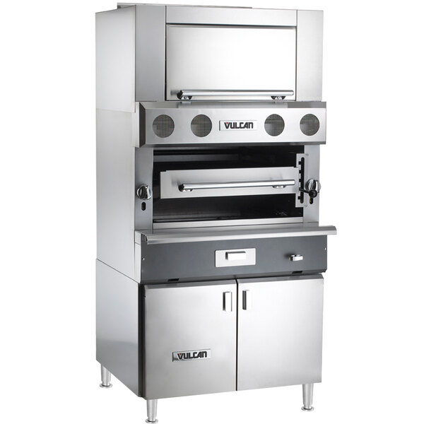 A large stainless steel Vulcan upright broiler with a door.