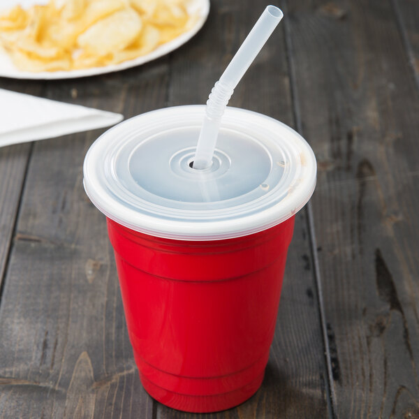 A red GET customizable plastic tumbler with a straw and white lid.