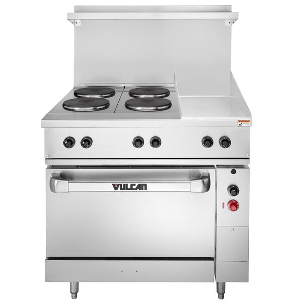 A large stainless steel Vulcan commercial electric range with 4 French plates and a griddle.