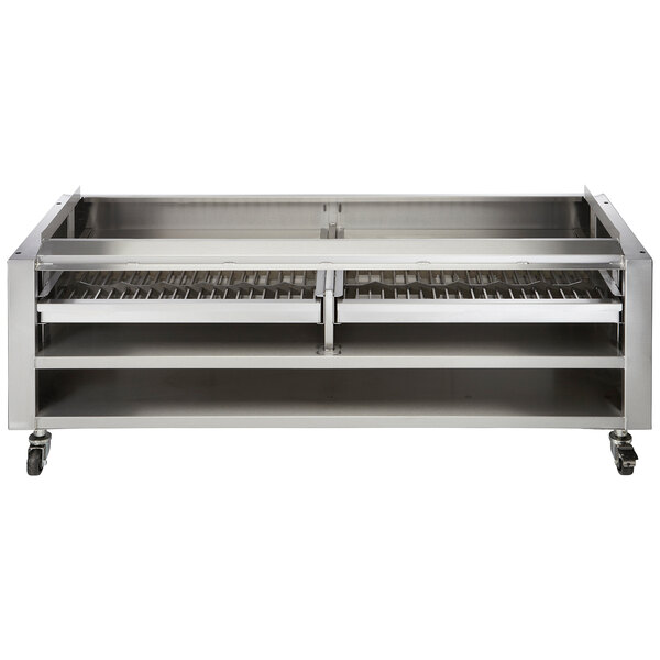 A stainless steel wood assist stand for a Wolf charbroiler with two wood trays.