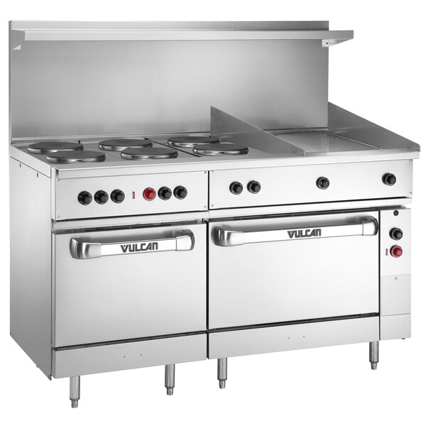 A Vulcan stainless steel commercial electric range with French plates, a griddle, and two ovens.