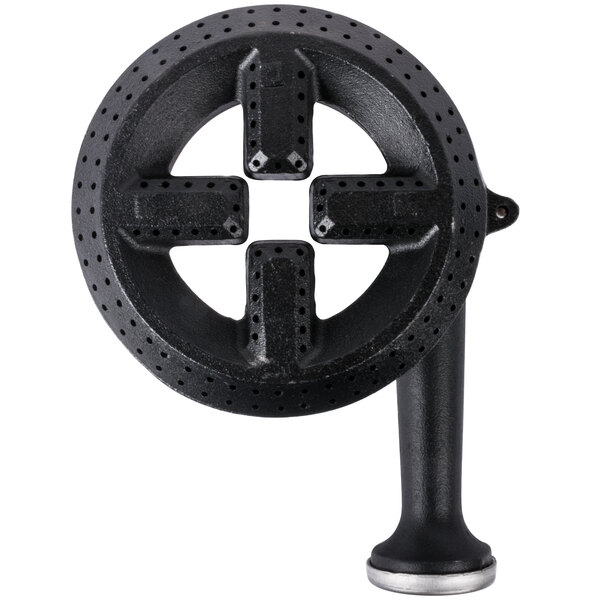 A black metal Cooking Performance Group burner assembly wheel with four holes.