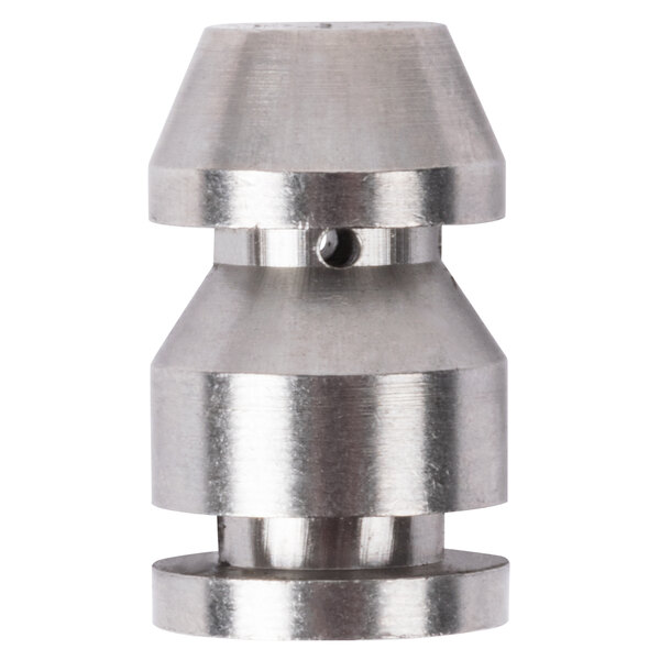 A close-up of a stainless steel threaded nut with holes.