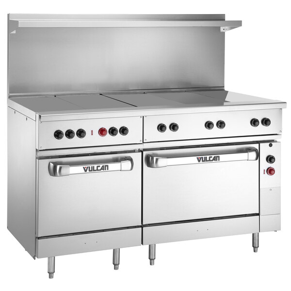 A Vulcan commercial electric range with 5 hot tops and 2 ovens.