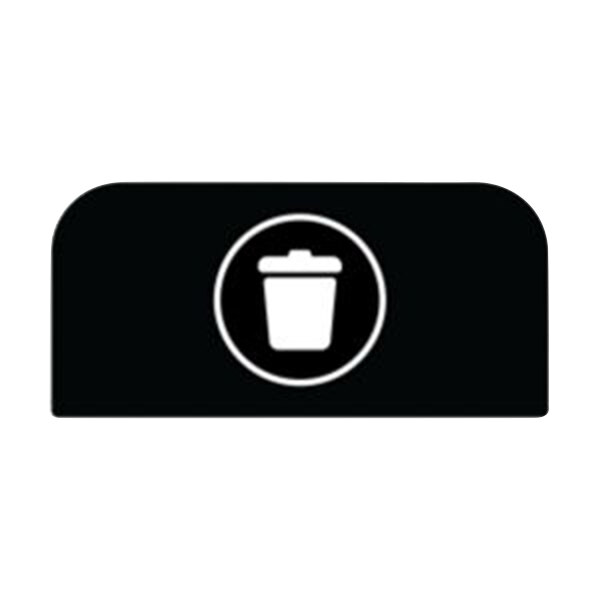A black rectangle with a white circle with a black and white icon of a trash can.