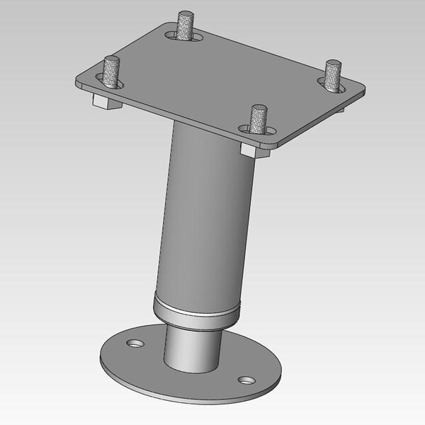 A white metal leg assembly with flanged feet and screws.
