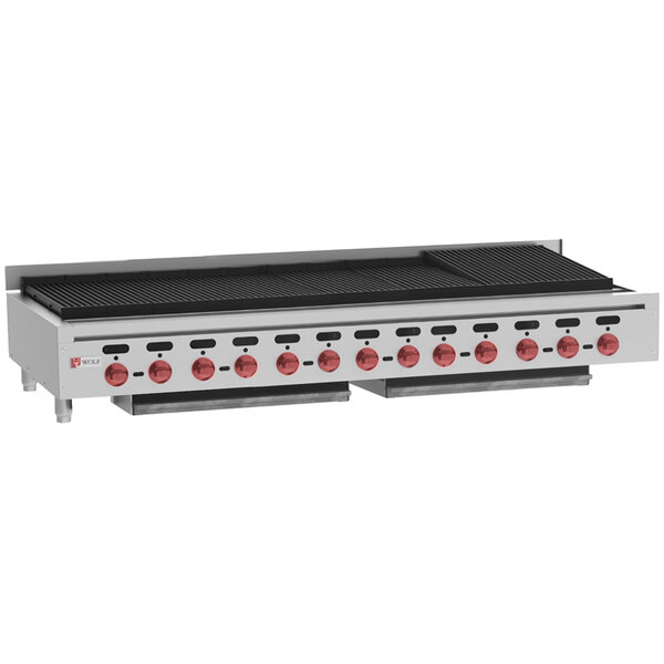A Wolf by Vulcan natural gas countertop charbroiler with red burners.