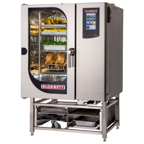 A Blodgett pass-through electric combi oven with touchscreen controls and a glass door with food inside.