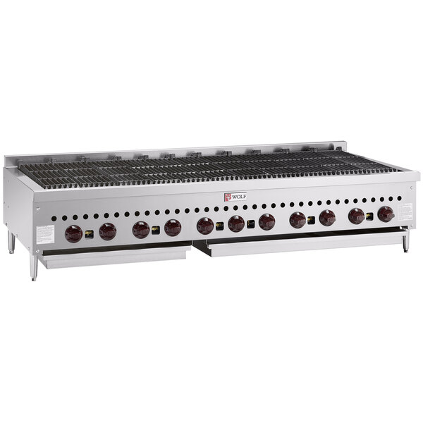 A large stainless steel Wolf gas charbroiler.