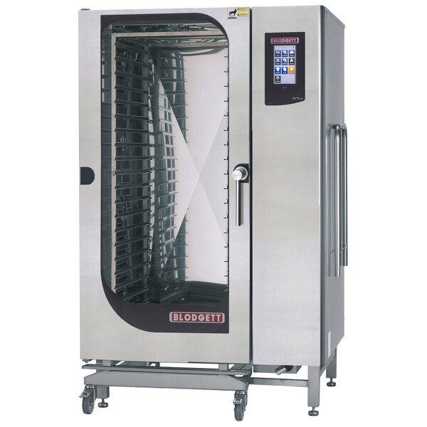 A large silver Blodgett roll-in electric combi oven with a glass door.