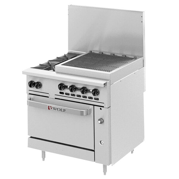 A stainless steel Wolf commercial range with 2 burners, a grill, and a lid.