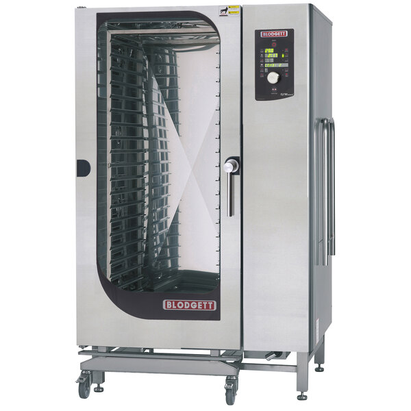 A Blodgett natural gas roll-in combi oven with a glass door.