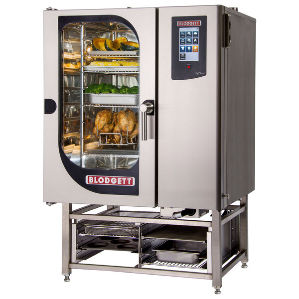 A Blodgett Boilerless Electric Combi Oven with a glass door and food inside.