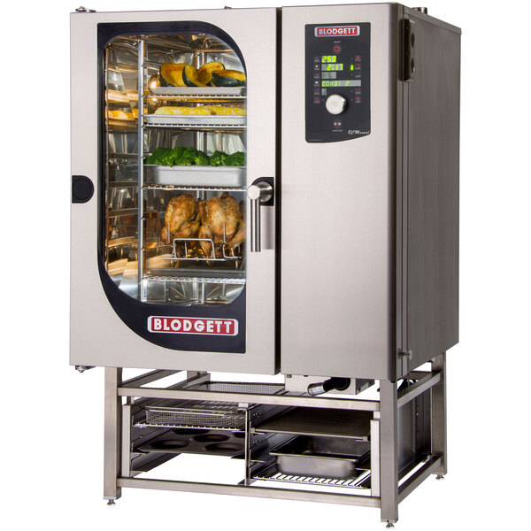 A Blodgett pass-through electric combi oven with a glass door and food cooking inside.