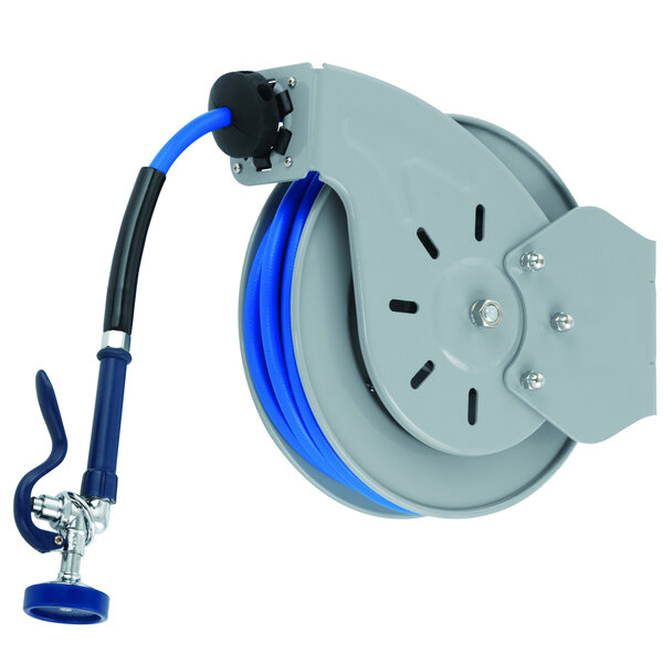 A T&S stainless steel hose reel with blue hose attached to it.