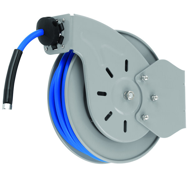 A T&S stainless steel hose reel with blue hose attached.