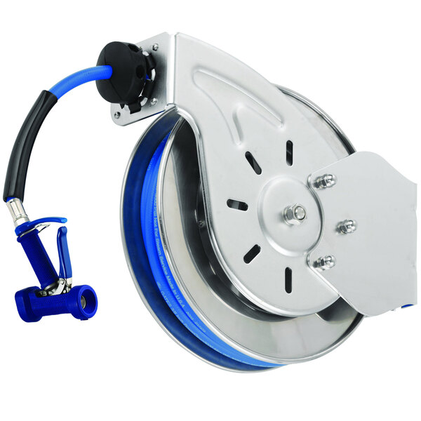 A metal hose reel with a blue rubber hose on a silver and blue wheel.