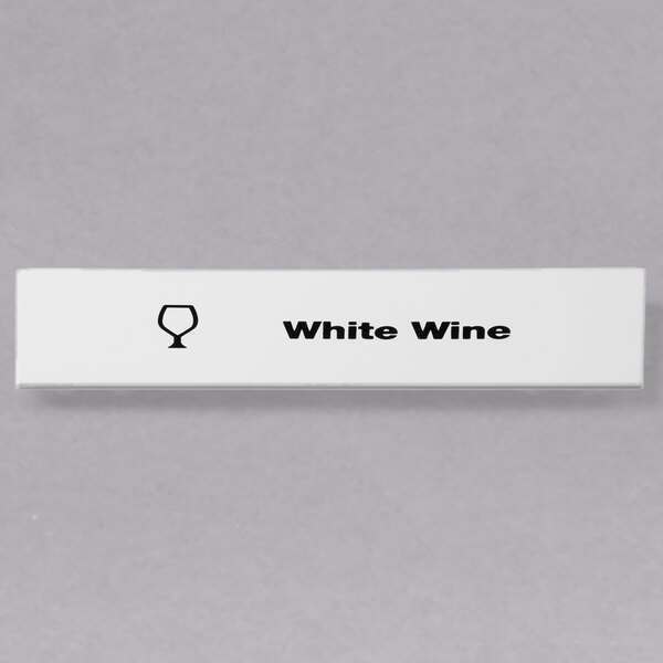A white rectangular ID clip with black text for a wine bottle.