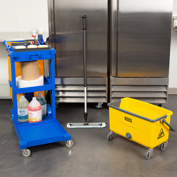 Lavex Blue Janitor Cart and Microfiber Wet Mop Kit