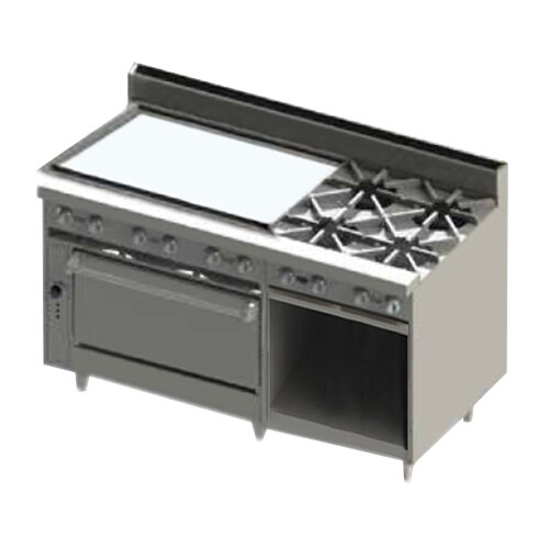 A Blodgett stainless steel natural gas range with two burners on the left, a griddle, and a cabinet base.