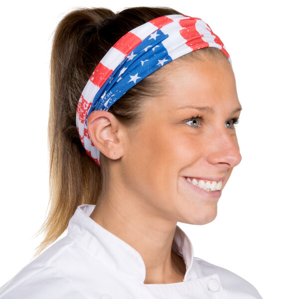 A woman wearing a Headsweats American flag headband.