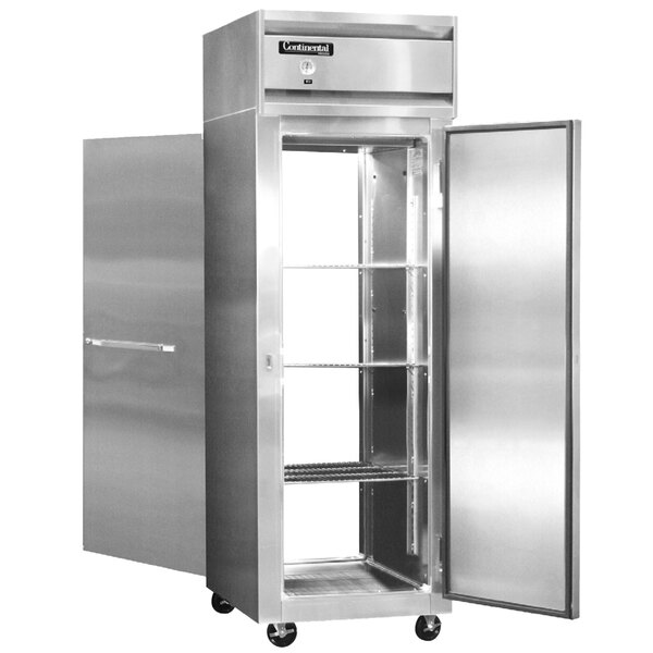 A Continental Refrigerator stainless steel pass-through freezer with a door open.