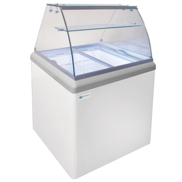 An Excellence ice cream dipping cabinet with a glass top.