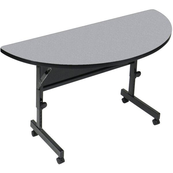 Correll Deluxe Half Round Flip Top Table, 24" x 48" High Pressure Adjustable Height, Gray Granite