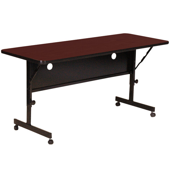 A cherry rectangular Correll Deluxe Flip Top Table with wheels.