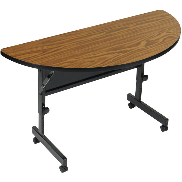 Correll Deluxe Half Round Flip Top Table, 24" x 48" High Pressure Adjustable Height, Medium Oak