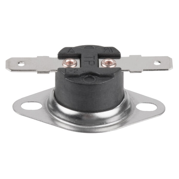 A close-up of a black and silver Solwave Hi-Limit Thermostat with two screws on a metal plate.