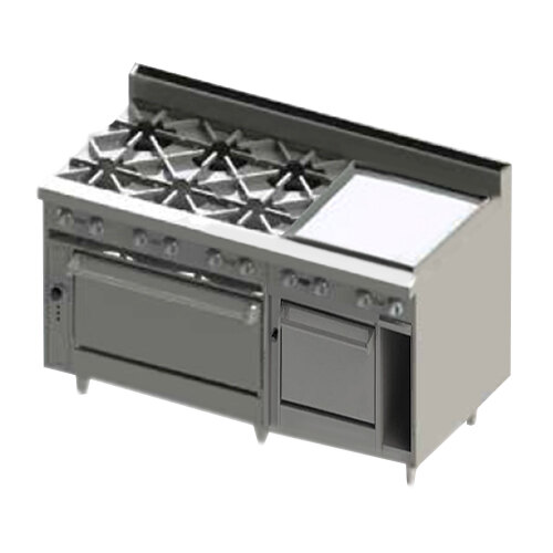 A Blodgett natural gas commercial range with a griddle and two ovens.