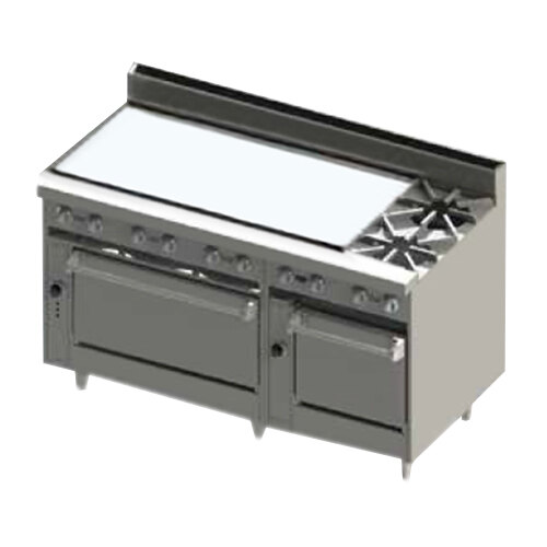 A large stainless steel Blodgett commercial gas range with 2 burners and a griddle over double ovens.