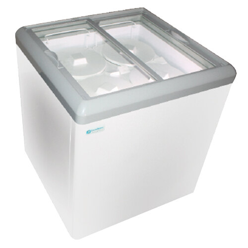 A white freezer with a glass top and two open doors.
