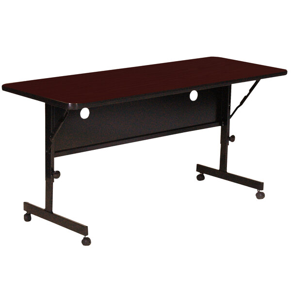 A dark brown rectangular Correll Deluxe Flip Top Table with wheels.