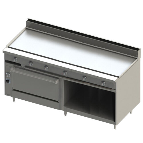 A stainless steel Blodgett commercial range with a cabinet base and a drawer.