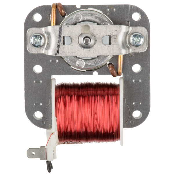 A Solwave 120V fan motor with a red wire coil and metal parts.