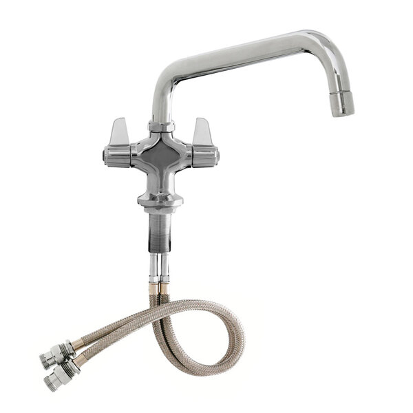 A chrome Equip by T&S deck-mounted faucet with a flexible hose attached to it.