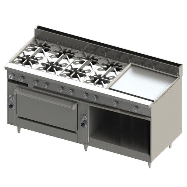A large stainless steel Blodgett liquid propane range with 8 burners, a 24" griddle, 1 standard oven, and a cabinet base.