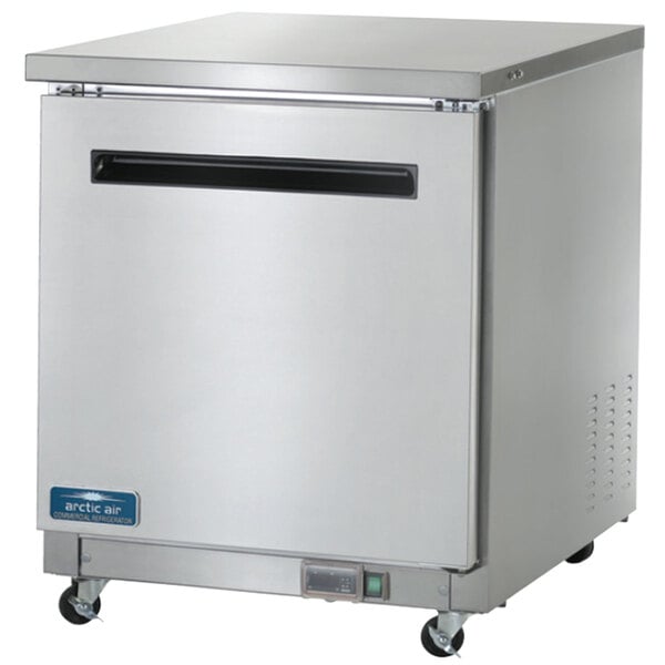A stainless steel Arctic Air undercounter refrigerator with an open door.