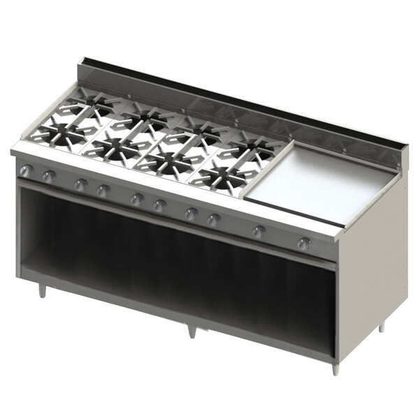 Blodgett BR-8-24GT-LP Liquid Propane 8 Burner 72" Thermostatic Range with 24" Right Griddle and Cabinet Base - 288,000 BTU