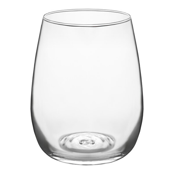 A clear, stemless wine glass with a 15 oz. capacity.