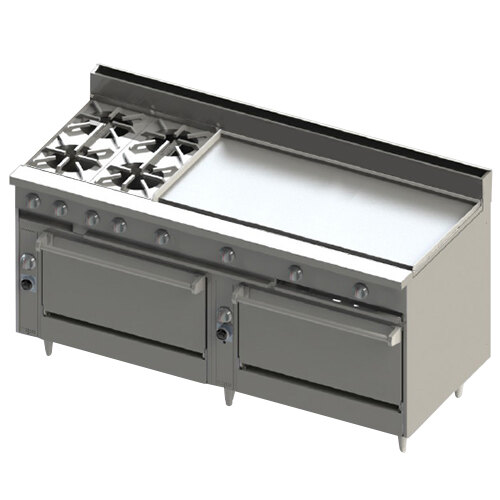 A large stainless steel Blodgett commercial range with two doors, a griddle, and two burners.