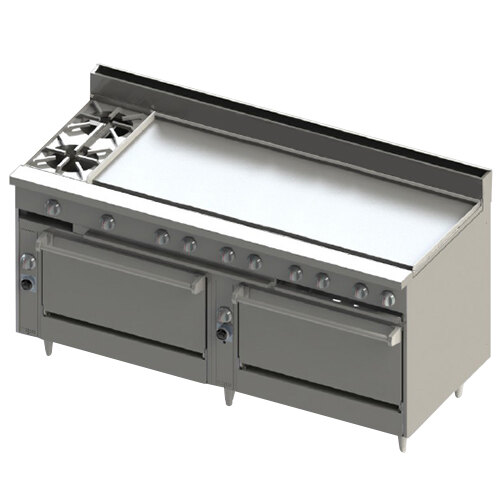 A large stainless steel Blodgett commercial range with 2 burners, a right griddle, and 2 ovens.