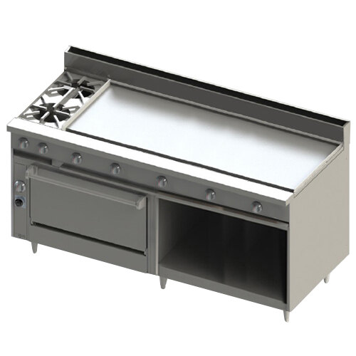 A large stainless steel Blodgett liquid propane range with two ovens and a griddle.